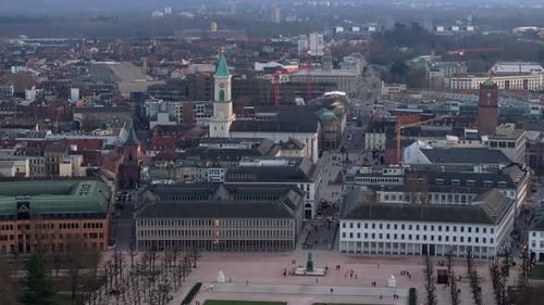 Elevated Panoramic View of Karlsruhe Cityscape in Germany Featuring Palace Tower Surrounded By Bare