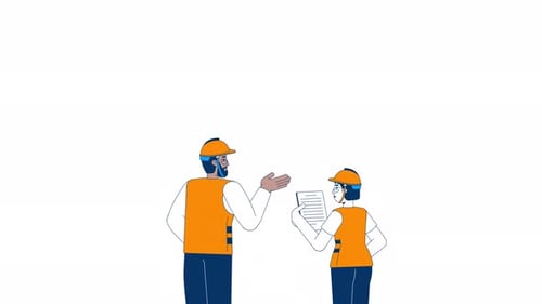Diversos trabajadores de la construcción discuten la animación de personajes en 2D del proyecto