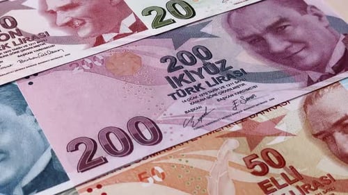 Money, currency of Turkey, lira banknotes of various denominations. Turkish money