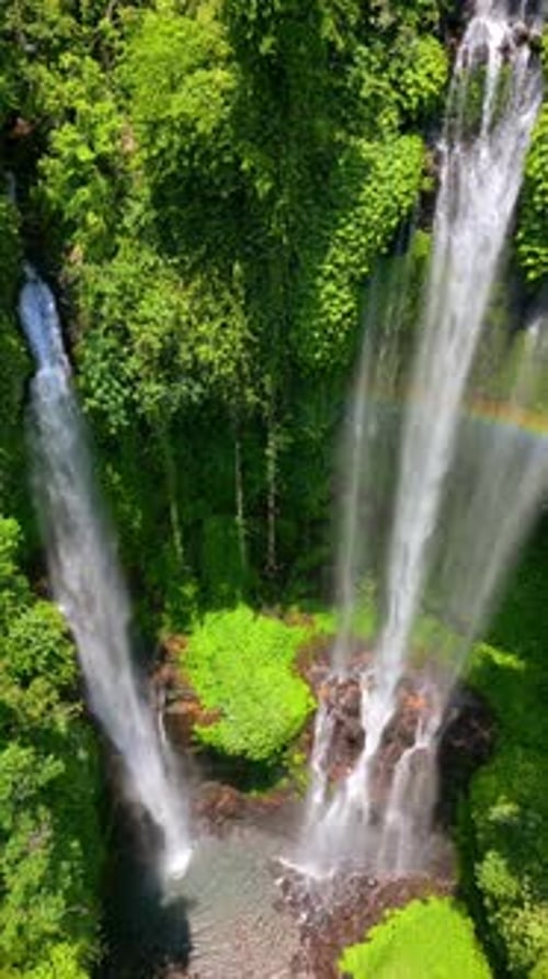 Aerial View of Majestic Sekumpul Waterfall in Lush Green Jungle Bali Indonesia