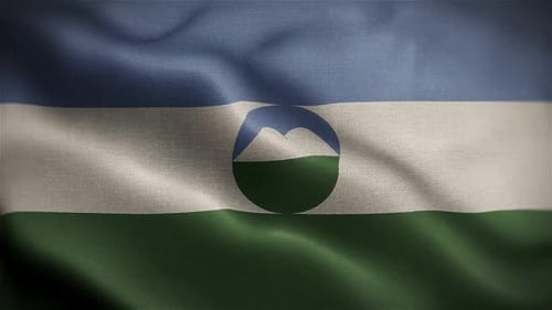 Realistic Waving Flag with Mountain Emblem and Fabric Texture