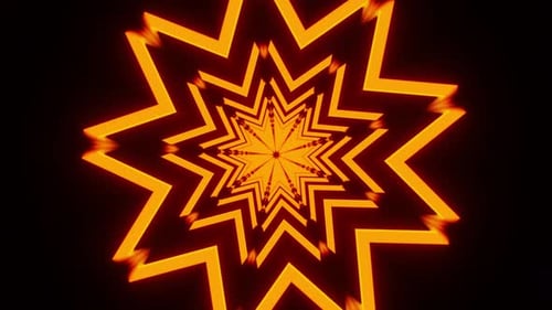 Star shaped object with black background and yellow lines. Kaleidoscope VJ loop