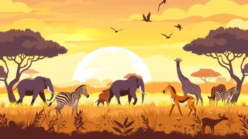 Animated African Savanna Animals Walking at Sunset Loop