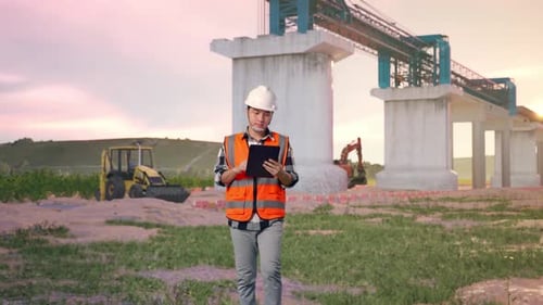 Asian Male Use Tablet While Walking at Construction Site