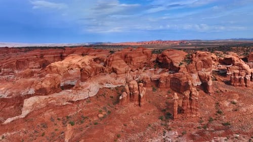 Flying closer to the columned rocks in the Arches National Park, USA.