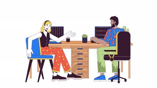 Colegas positivos se comunicando no local de trabalho: linha, animação de personagens 2D