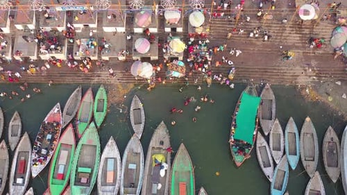 Aerial view of Ghats in Varanasi at Ganges river in Uttar Pradesh, India.