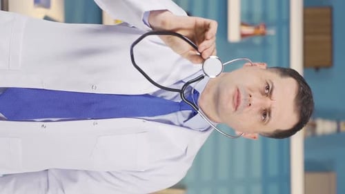 Doctor Puts On Stethoscope in Hospital Environment