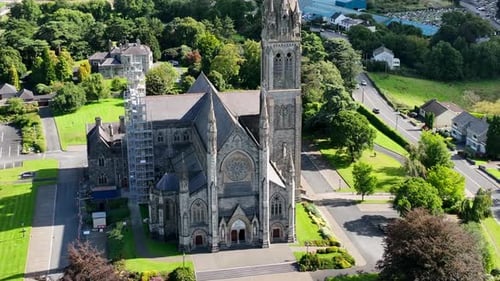 St. Cathedral, County Monaghan, Ireland, September 2022. Drone zooms in and orbits counter clockwise