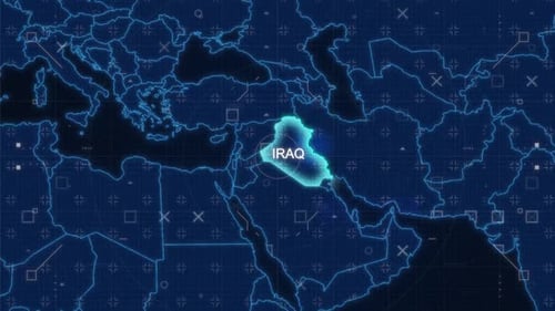 Futuristic Digital World Map Highlighting Iraq with HUD Elements