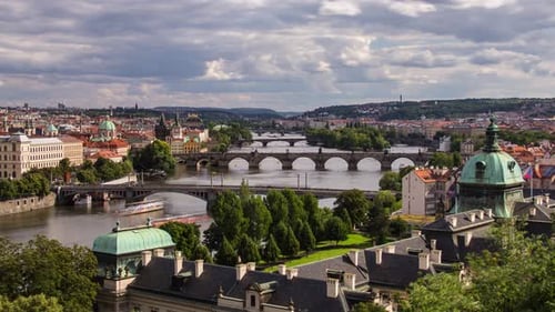 Cloudy afternoon timelapse of the Vltava river in Prague, Czech Republic from Letna park as clouds a