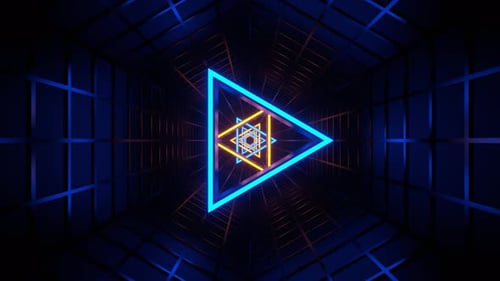 Orange And Blue Neon Triangle In Mesh Tunnel Background Vj Loop | 4K