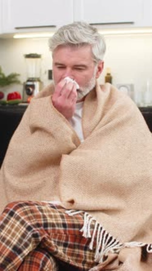 Middleaged Man Wrapped in Plaid Coughs Wipes Nose with Tissue Feels Weak Flu Symptoms Rest