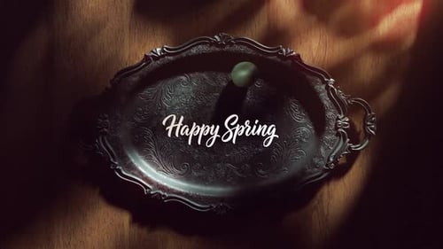 Green easter egg rolling on dark silver tray spring greeting.