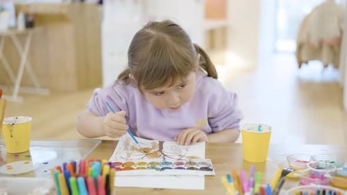 Drawing Class - Little Girl Paints The Template With Watercolor. - close up shot