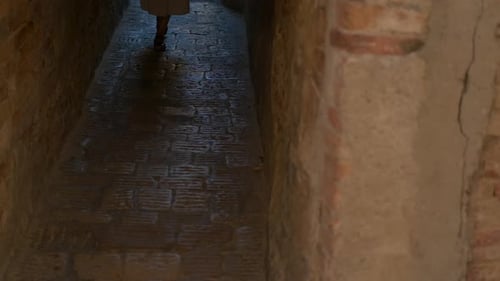 Woman Walking in a Narrow Cobblestone Alley