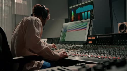 Energetic audio engineer producer working in recording studio mixing tracks on console and hit maker