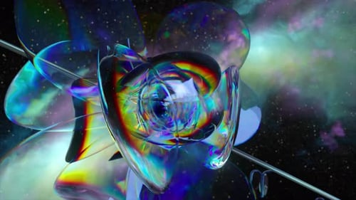 Abstract Crystal Object with a Floral Shape Rotating Slowly Against a Backdrop of a Starfield and
