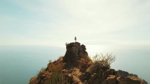 Woman stands atop a rocky peak in Tenerife, gazing at the vast ocean below. Serene beauty of Los Gig