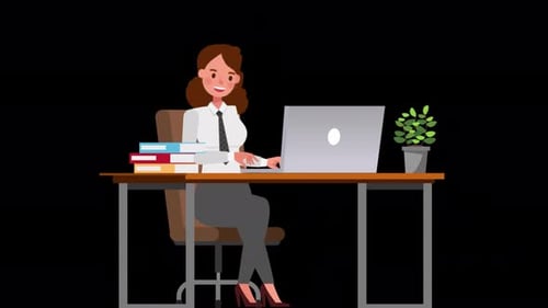 Female Office Worker Working On Computer In Office On Alpha Channel 4K