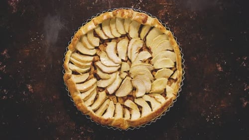 Homemade Delicious Apple Cake with Raisins and Cinnamon Over Rusty Dark Background Top View