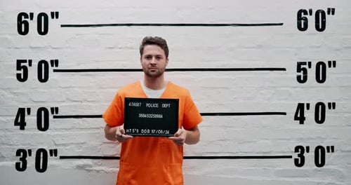 Homme, criminel et suspect avec une pancarte d'arrestation, une photo d'identité ou une violation en prison pour interrogatoire