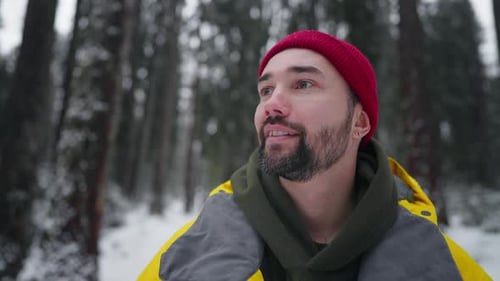 Happy Man Inspired By Nature of Winter Forest Man Looking Up at Tops of Trees Portrait of Joyful