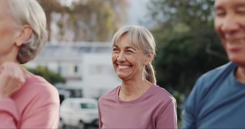 Happy, exercise and senior people in park for wellness, active lifestyle and mobility outdoors