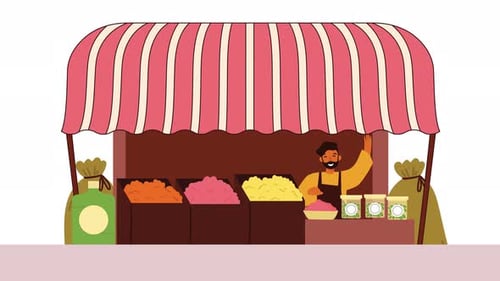Man Selling Goods Under a Red Awning Arabian Daily Products Shop Animation
