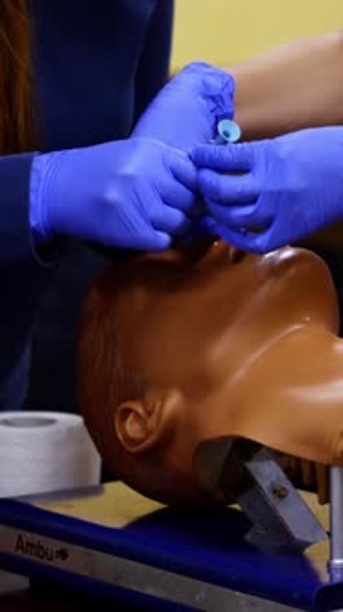 Medical Training with Mannequin and Blue Gloves