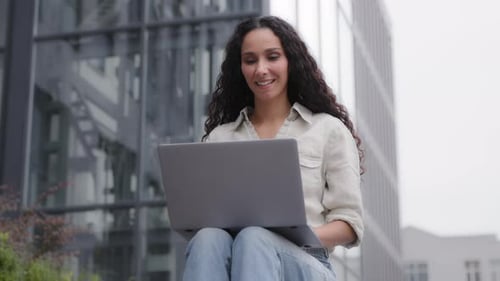 Front View Cheerful Hispanic Latina 30s Woman User Freelancer Businesswoman Student Girl Typing