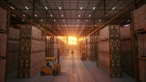Empty Warehouse Aisle with Forklift and Sunset Light