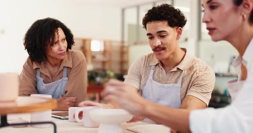 People, potter and talking for pottery class with sculpture design, learning technique
