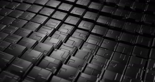 Abstract black squares background. Black cubes move up and down, black cubes with printed circuit bo