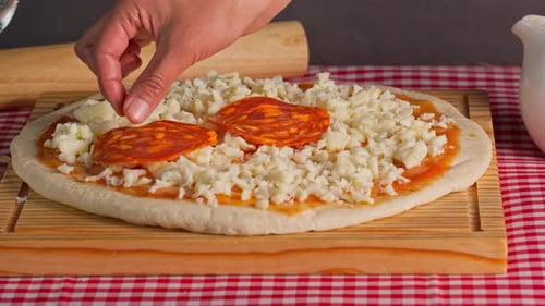 Preparing A Pizza, Place Pepperoni Slices On A Pizza Base, Pepperoni Pizza