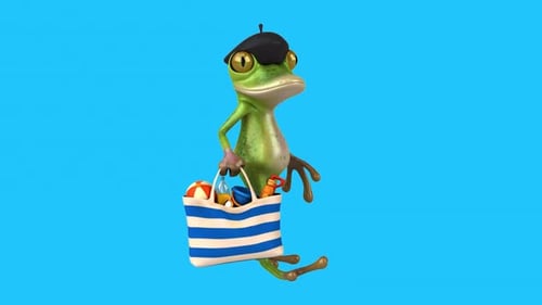 Fun 3D cartoon frog with a beach bag (on alpha)