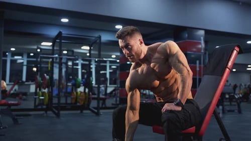 Fitness guy pumping up arm muscles. Bodybuilder training with a dumbbell in a modern fitness club.