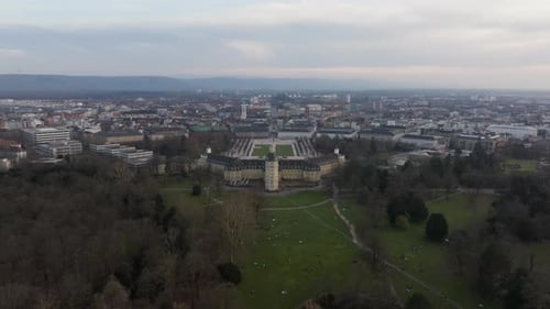 Expansive Aerial View Showcasing Karlsruhe Palace Sprawling Garden and Urban Cityscape of Germany