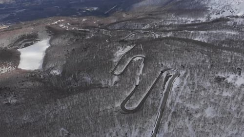 Road to Mount Zaō Aerial View, snowed Volcano Winter Landscape in Japan
