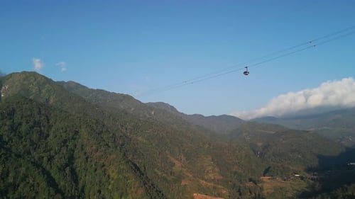 Cable Car Transport System Filmed from Drone Over Mountain Terrain with Natural Scenery