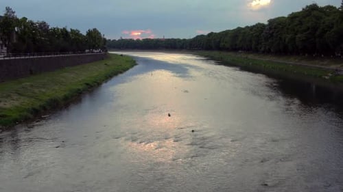 Beautiful River Stream Landscape. Water Flowing Landscape in Evening City. Water Stream on River ...
