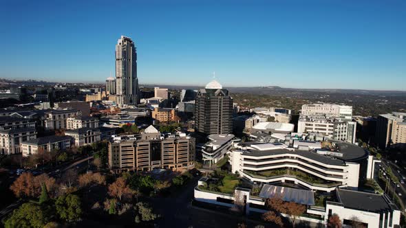 Aerial shot of the Sandton skyline. The city vistas can be seen as the ...