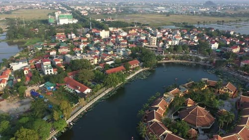 Aerial View of Ninh Binh Ancient Town Showing Traditional Houses and River