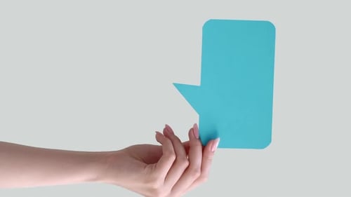 Hand Holding Blue Speech Bubble Chroma Key Area