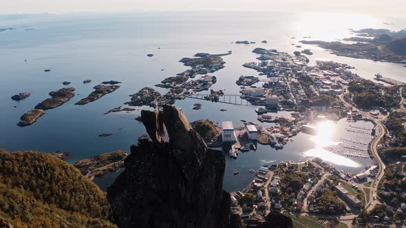 Beautiful aerial view of Svolvær with Svolværgeita in the foreground ...