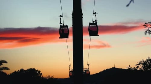 Cable Cars Ascending at Sunset over City Skyline