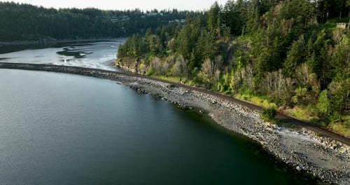 Sunset Sweep Aerial Of Chuckanut Bay Estuary, Low Tide Mud Flats, Bellingham