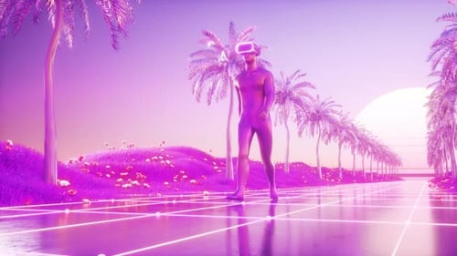 Man Walking In Vr Glasses Between Palm Trees And Landscape Synthwave Background