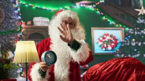 Santa Claus Showcasing the Christmas Eve with a Wall Clock in His Log Cabin