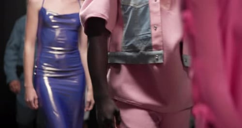 Fashion week, walking and designer with model on runway for event showcase